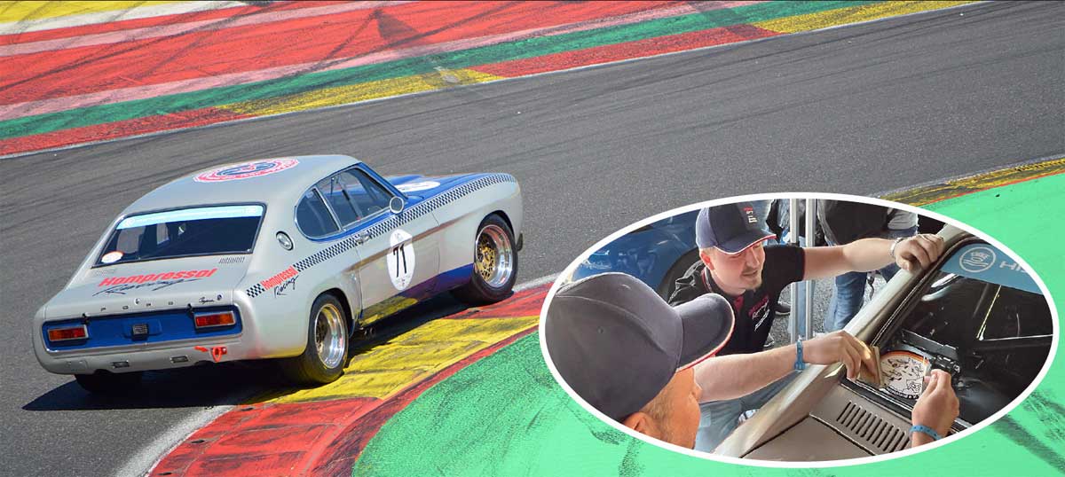 Der Aufkleber hinten links ist das CCD-Logo. Hans Gerd Brauneiser (kleines Bild, im Vordergrund) und Marc Roessle klebten es vor dem ersten Start in Spa auf die Heckscheibe. Der Aufkleber hinten links ist das CCD-Logo. Hans Gerd Brauneiser (kleines Bild, im Vordergrund) und Marc Roessle klebten es vor dem ersten Start in Spa auf die Heckscheibe.