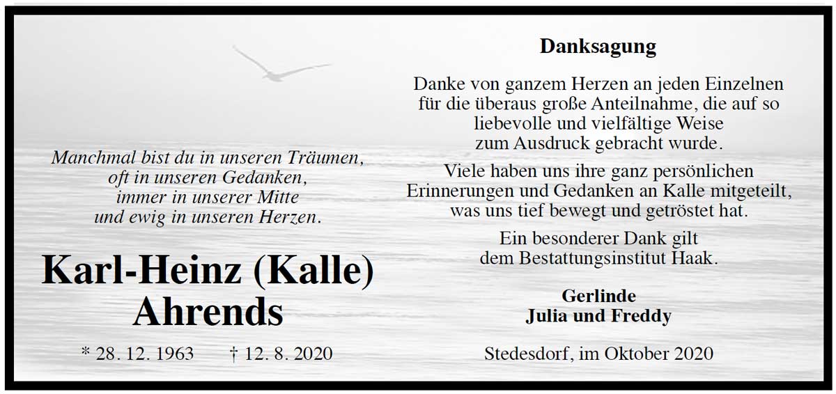 Danksagung nach Tod von Karl-Heinz (Kalle) Ahrends